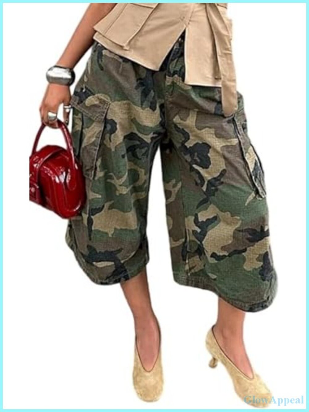 Womens Baggy Camo Cargo Pants Wide Leg Cropped Barrel Jeans